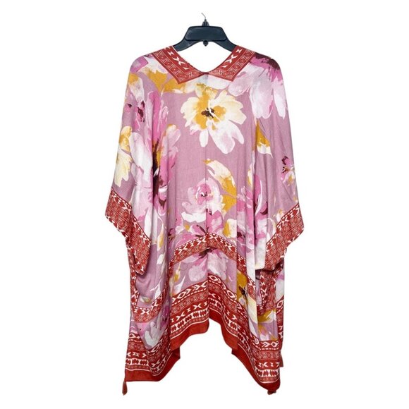 New Vince Camuto‎ Floral Print Tassel Trim Ruana in Pink Red One Size - Picture 4 of 9